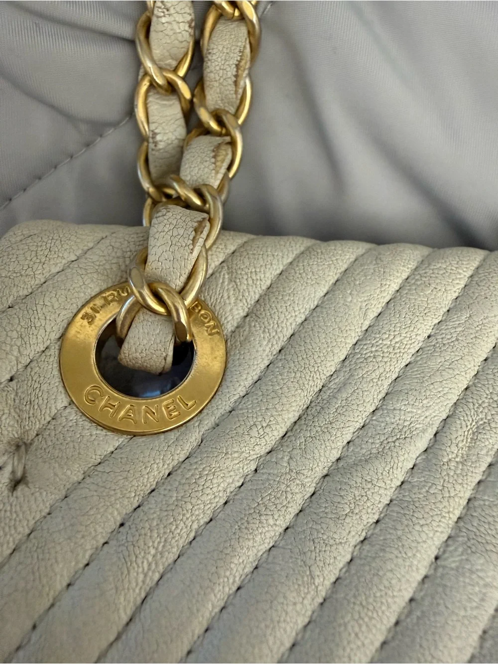 Chanel Quilted Chevron Flap Shoulder Bag in Light Beige